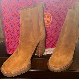 Tory Burch Chestnut Suede Platform Chelsea Booties with Stacked Heel